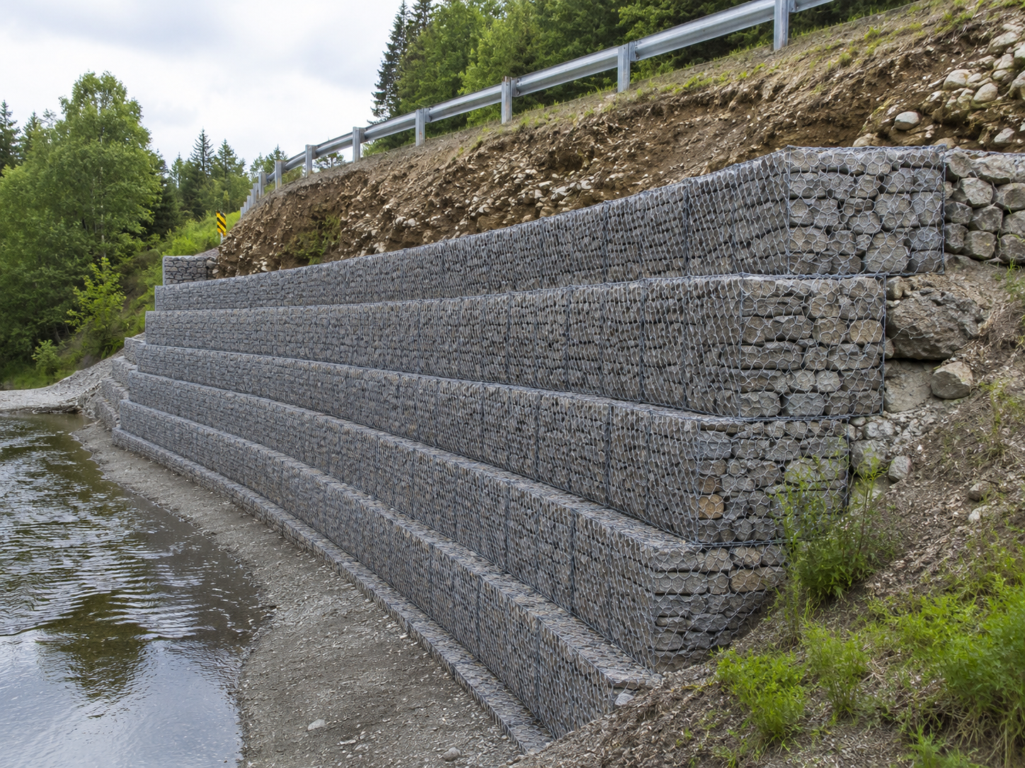 Completed gabion retaining wall constructed using double-twist hexagonal gabion mesh wire filled with natural stone