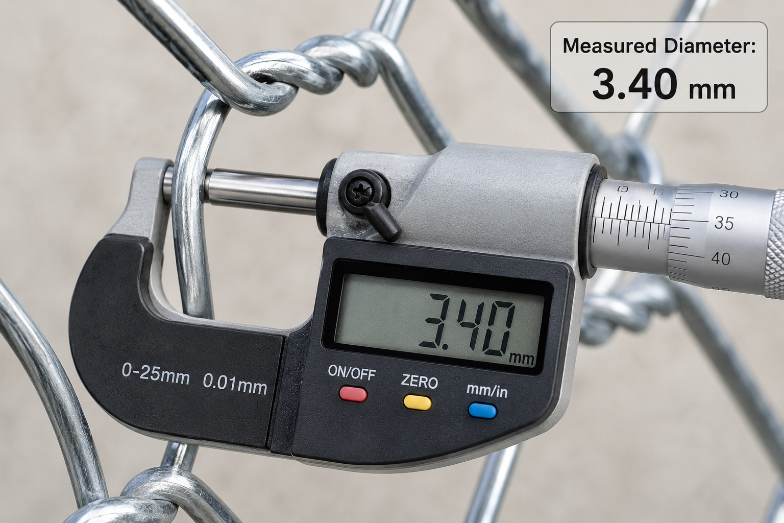 Quality control inspection of gabion mesh wire diameter using a digital micrometer during incoming goods inspection