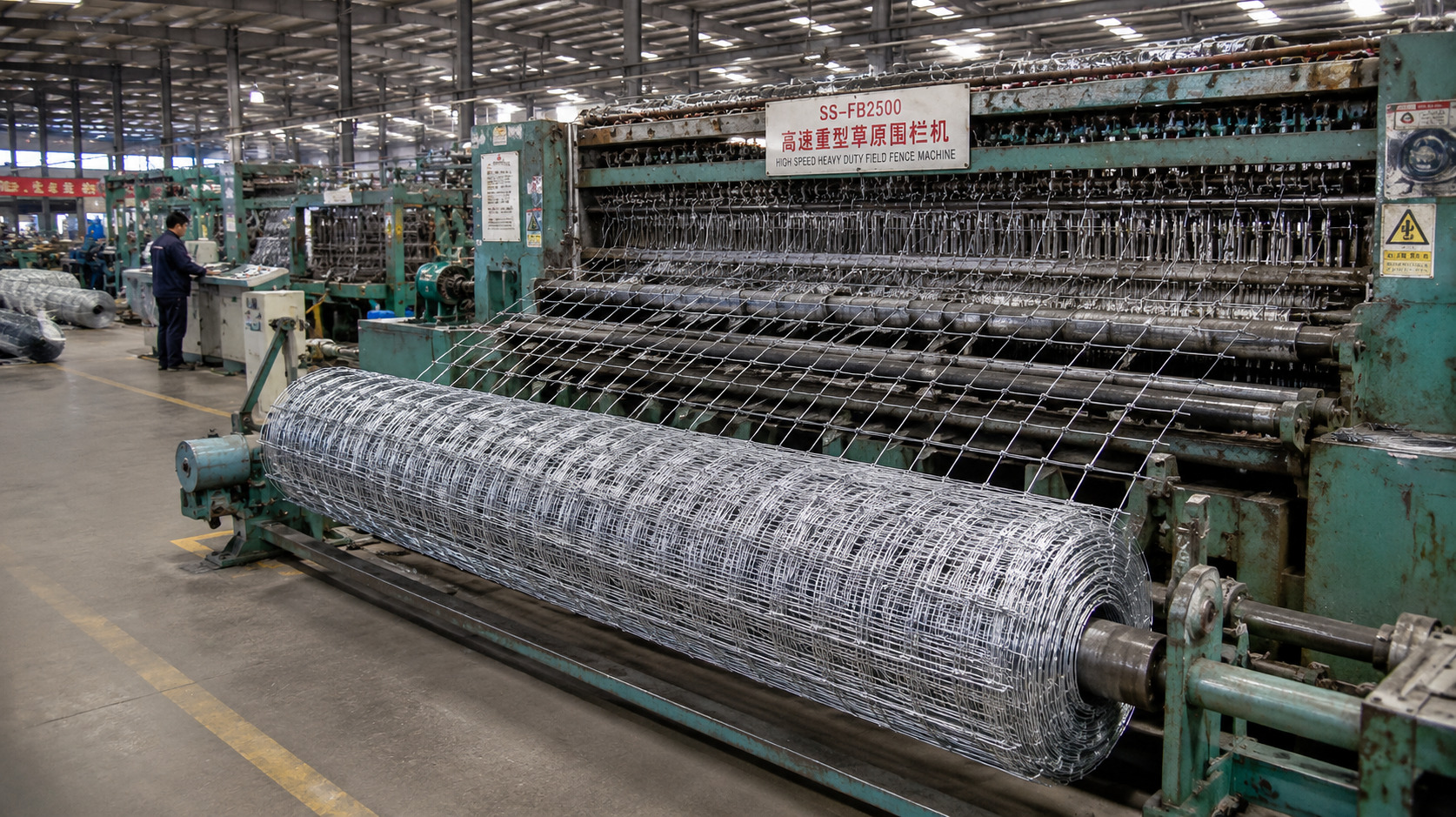 中国河北丝网产业带工厂内正在全自动生产热镀锌牛栏网、草原网的全自动化机械编织生产线流水线